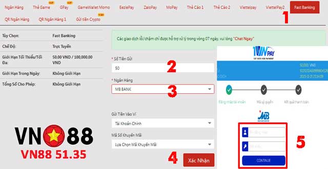 Thực hiện nạp tiền VN88 qua Fast Banking